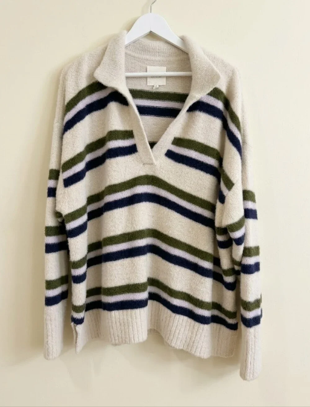 Aerie Striped Polo V-Neck Oversized Slouchy Knit Sweater Medium